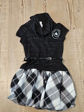 Youngland Black & White Plaid Bubble Dress with Cowl Neck